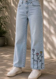 boho straight blue jeans w fabric floral eye art