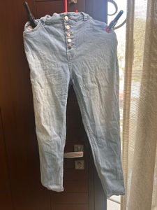 High Rise Light Wash Button Jeans