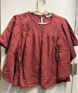 Maroon Embroidered Flutter Sleeve Top