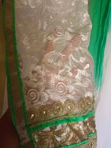 Elegant White &amp; Green Embroidered Salwar Kameez