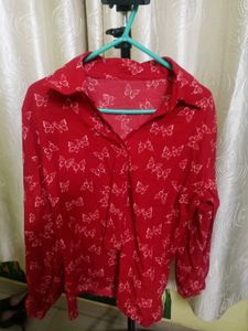 Red Butterfly Print Button-Up Blouse
