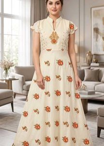 Cream Floral Embroidered Ethnic Gown