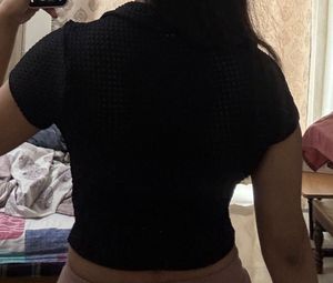 Black Textured Crop Top with Collar