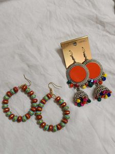 Boho Beaded Hoop & Jhumka Earrings - Set of 2