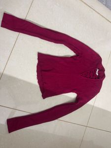 Ribbed Crimson Long Sleeve Top