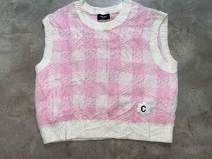 Celden pink and white plaid knit sweater vest