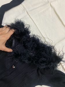 Black detachable fur Trim Button-Up knit top