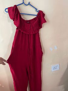 Red Off-Shoulder Ruffle Jumpsuit