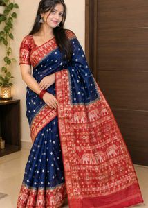 Elegant Blue Silk Saree with Elephant Motif
