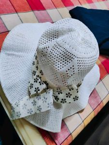 White Sun Hat with Floral Ribbon