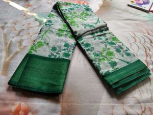 Elegant White &amp; Green Floral Saree