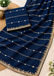 Women’s Navy Blue Embroidered Saree with Golden Fl