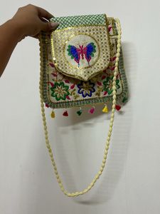 Off White Butterfly Sequins Embroidered Sling Bag