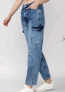 Washed Blue Cargo High Waist Jeans