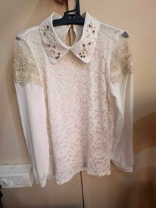 Elegant White Lace Blouse with Pearl Collar