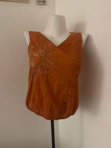 Orange Embroidered Sleeveless Wrap Top