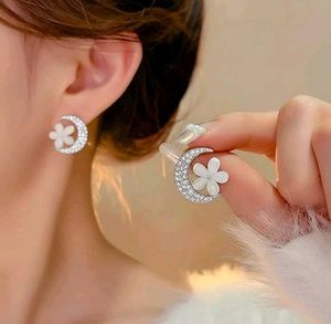 Crescent Moon &amp; Flower Stud Earrings