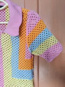Colorful Crochet Knit Polo Shirt