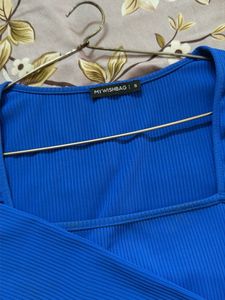 Blue Ribbed Square Neck Crop Top
