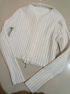 Bershka White Ribbed Knit Zip-Up Top