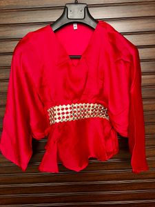 Stunning Red Peplum Blouse with Embellished Belt