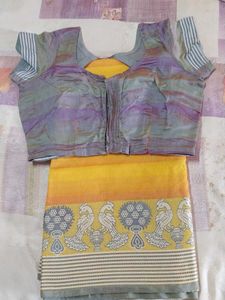 Vibrant Yellow Peacock Print Saree with blouse