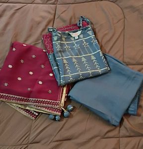 Grey and Gold Foil Print Kurta Set with Dupatta