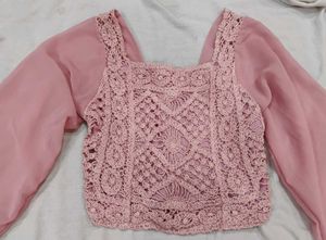 Pink Crochet lace Square Neck puff sleeve crop top