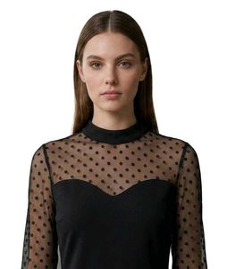 Black long sleeves mesh sheer polka dot bodycon dr