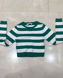 Green & White Striped Cropped Sweater