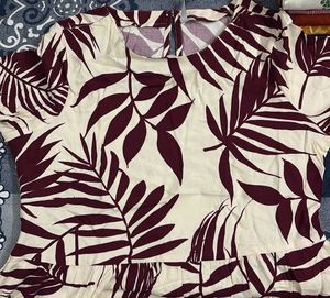 Cream &amp; Maroon Leaf Print Tunic Top