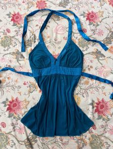 y2k teal halter neck top