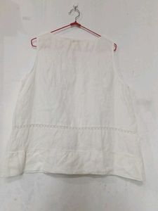 Linen Chic White Sleeveless Top with Lace Details