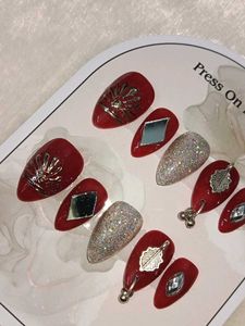 Navratri Elegant Red &amp; Silver Press-On Nails😍😍