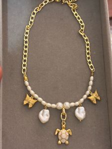 Gold Tone Pearl & Turtle Necklace