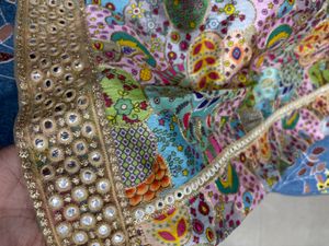 Designer Pink Brocade Blouse &amp; Printed Lehenga Set
