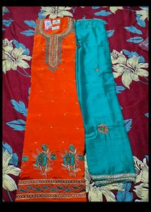 Orange Embroidere unstitched suit ( Free Delivery)