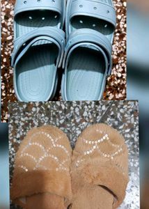 Women's Light Blue & Brown Slippers