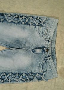 Light Blue Lace-Up Side Detail Straight Fit Jeans