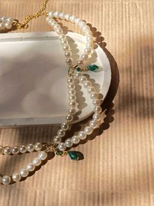swirl Pearl Necklace with drop rama green beads