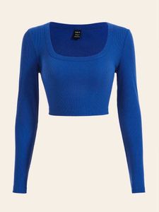 Blue Square Neck Long Sleeves Slim Fit Crop Tee
