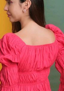 Chic Pink Lace-Up Puff Sleeve Top