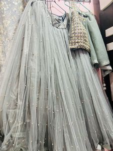 Pearls Detailing Grey Crop Top And Skirt