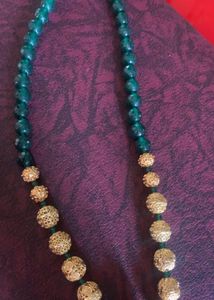 Green And Golden Beeds Beautiful Mala No Earrings