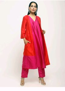 Truebrowns Red pink Jacket Kurta Set Of 3