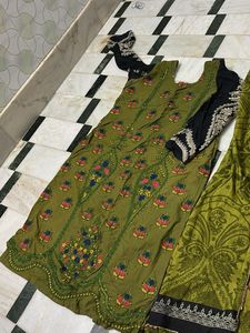 Olive Green Embroidered Kurta  with Dupatta