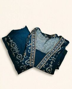 Teal Printed V-Neck Kurta