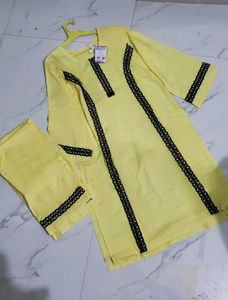 Lemon Yellow Kurti Set with Lace Detail