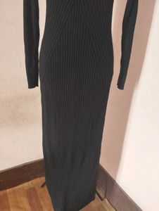 Chic Black Ribbed Long Sleeve Cut-Out Dress