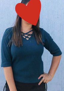 Stylish Teal Ribbed V-Neck Top